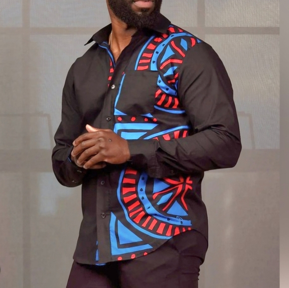 D'Iyanu Other - Black African Print Men's Shirt Featuring Blue And Red Patterned